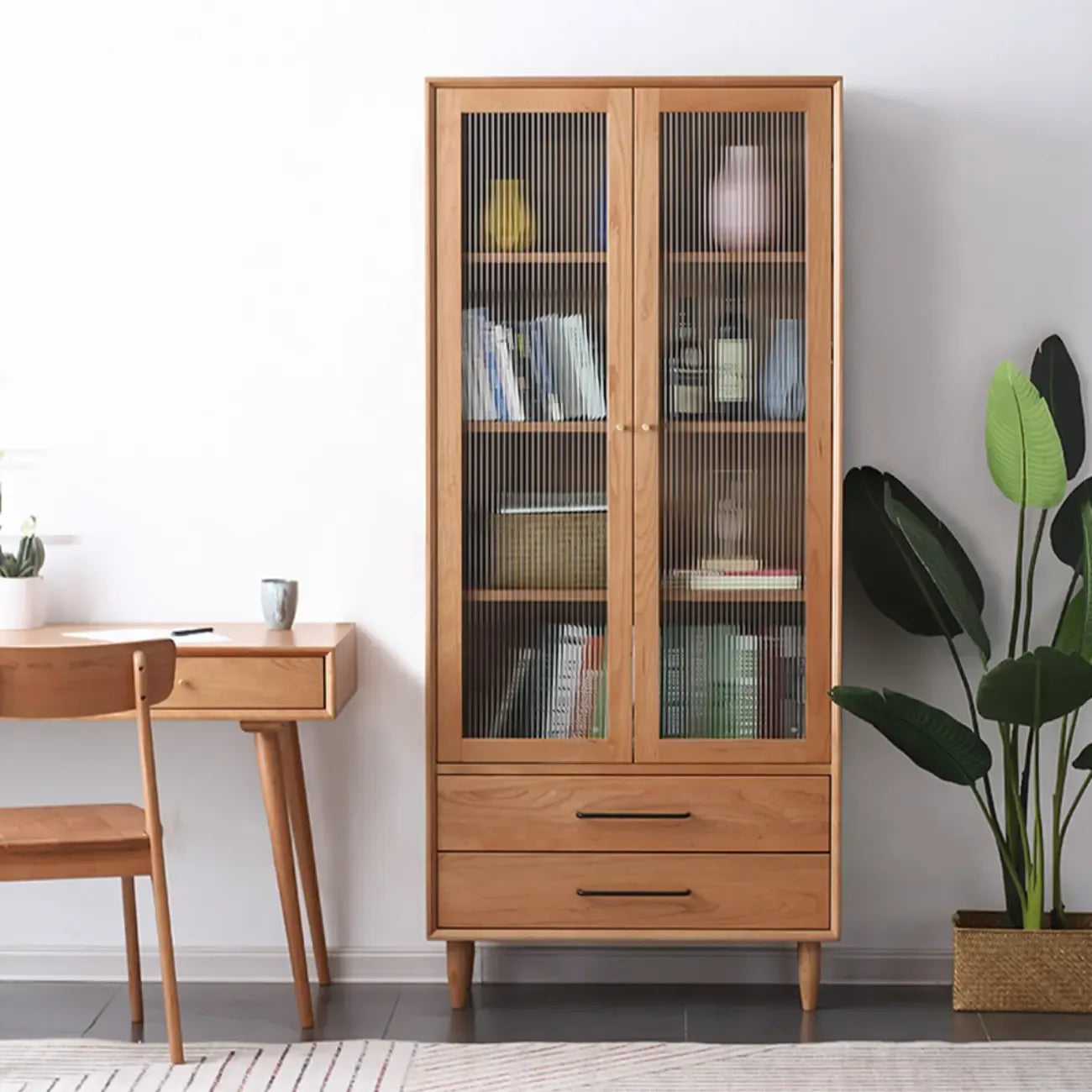 Bibliothèque étroite moderne en bois naturel à 2 tiroirs