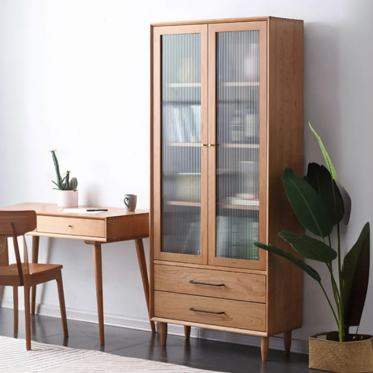Bibliothèque étroite moderne en bois naturel à 2 tiroirs
