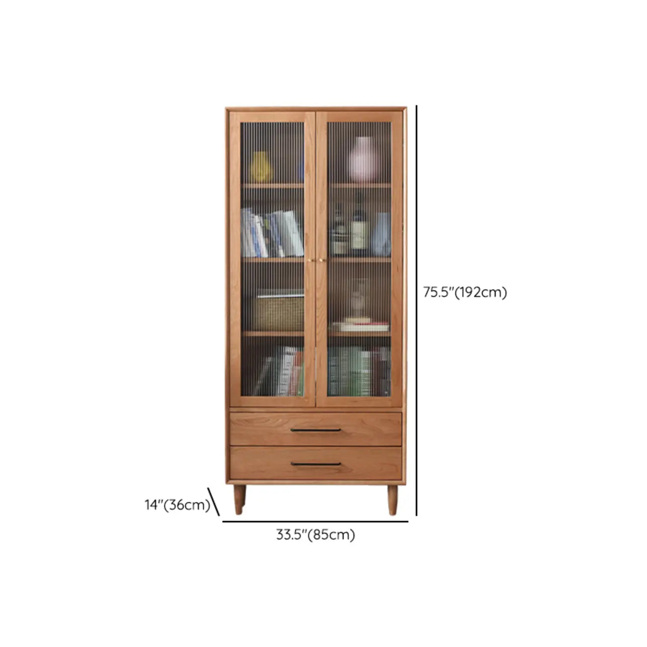 Bibliothèque étroite moderne en bois naturel à 2 tiroirs