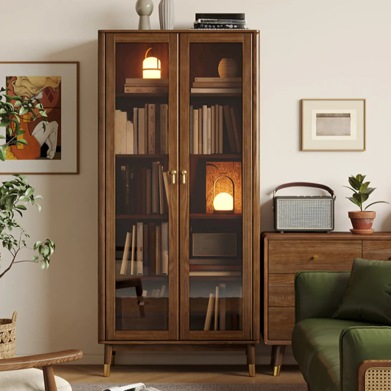Bibliothèque à 5 niveaux en frêne brun avec porte vitrée
