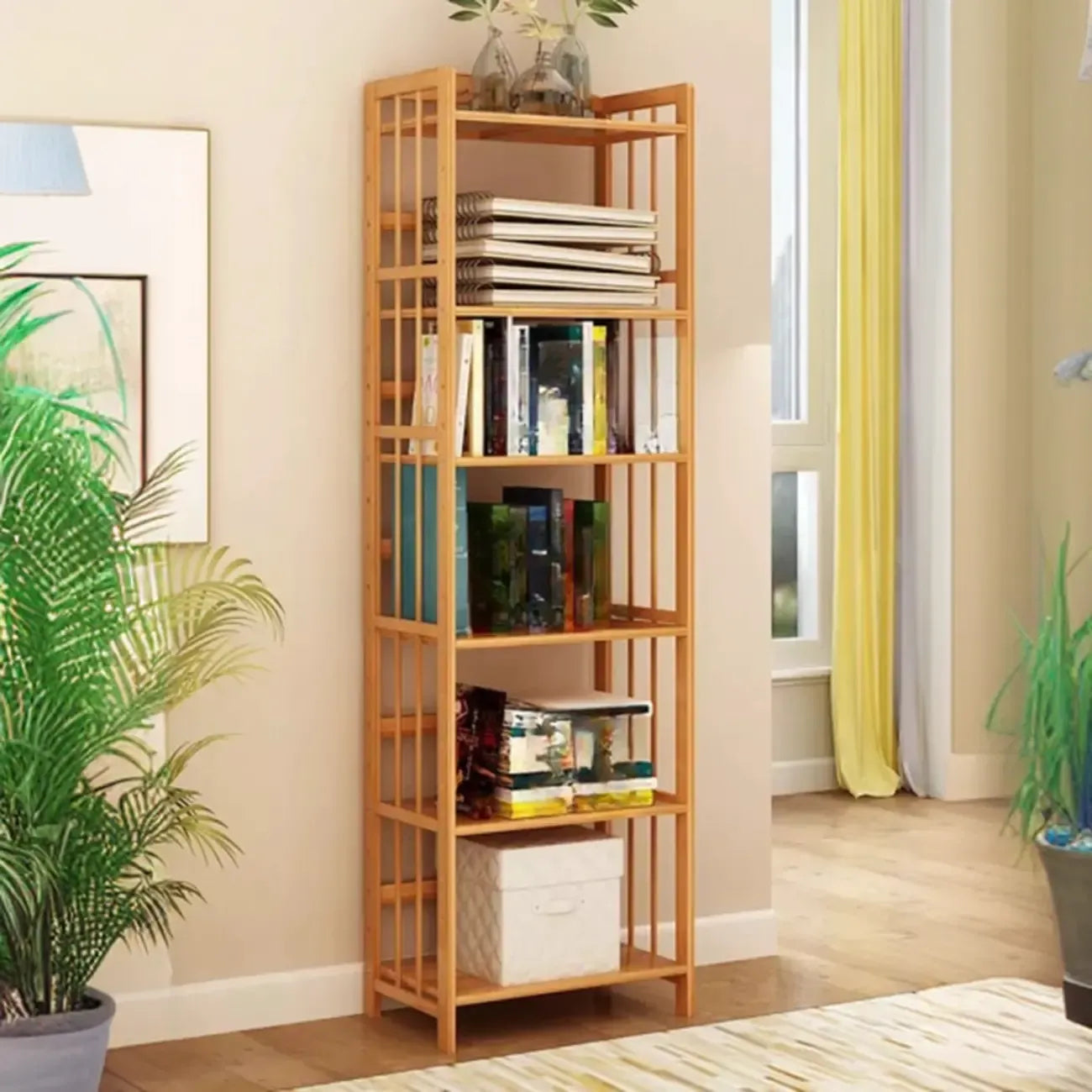 Bibliothèque verticale élégante en bambou naturel à dos ouvert