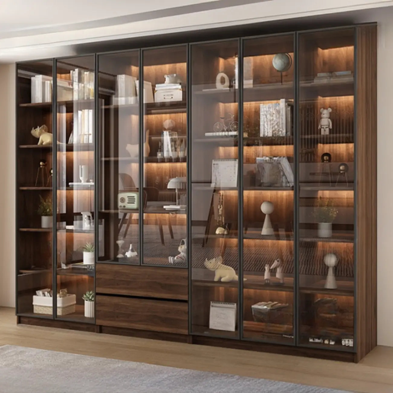 Bibliothèque moderne à 5 étagères en noyer avec porte vitrée