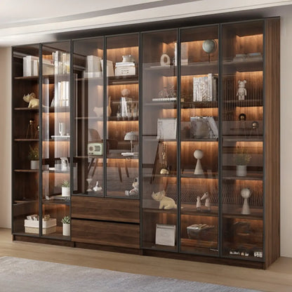 Bibliothèque moderne à 5 étagères en noyer avec porte vitrée