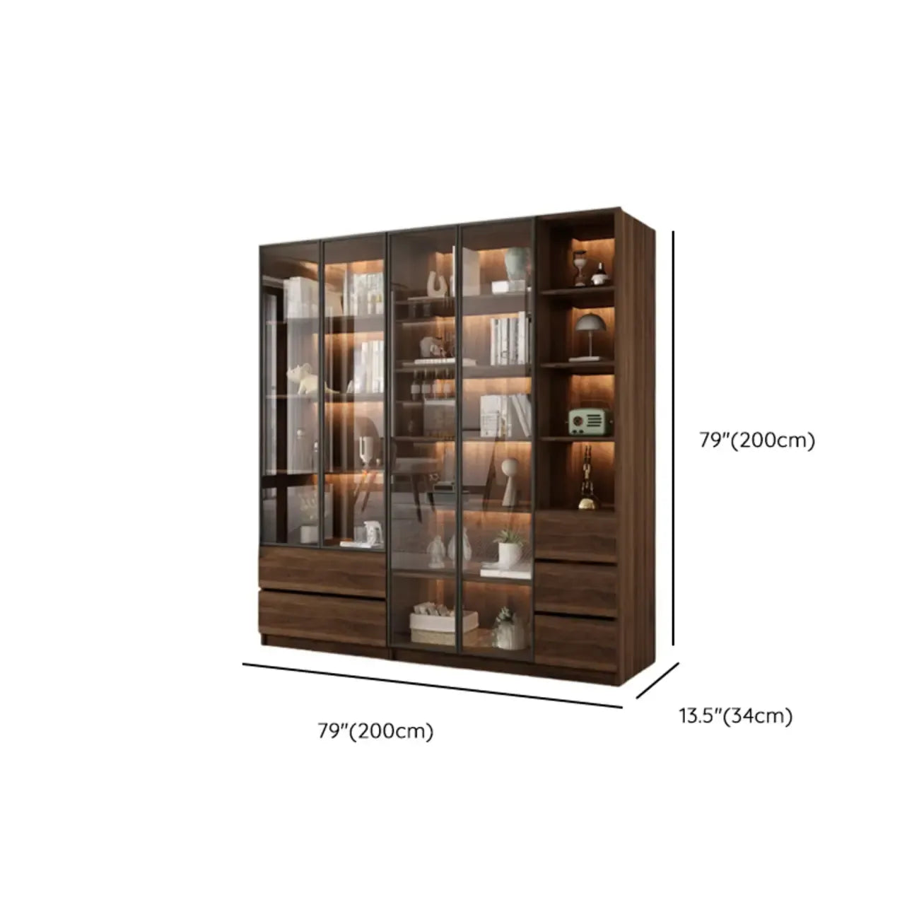 Bibliothèque moderne à 5 étagères en noyer avec porte vitrée