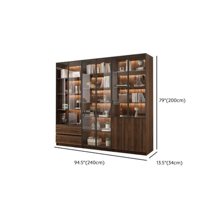 Bibliothèque moderne à 5 étagères en noyer avec porte vitrée