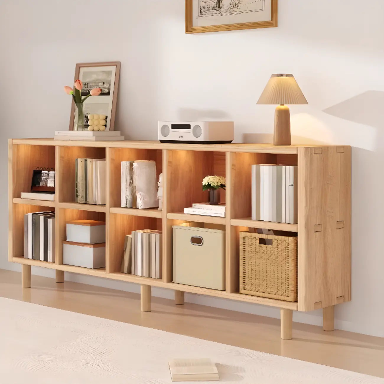 Étagère horizontale en bois naturel à 6 cubes