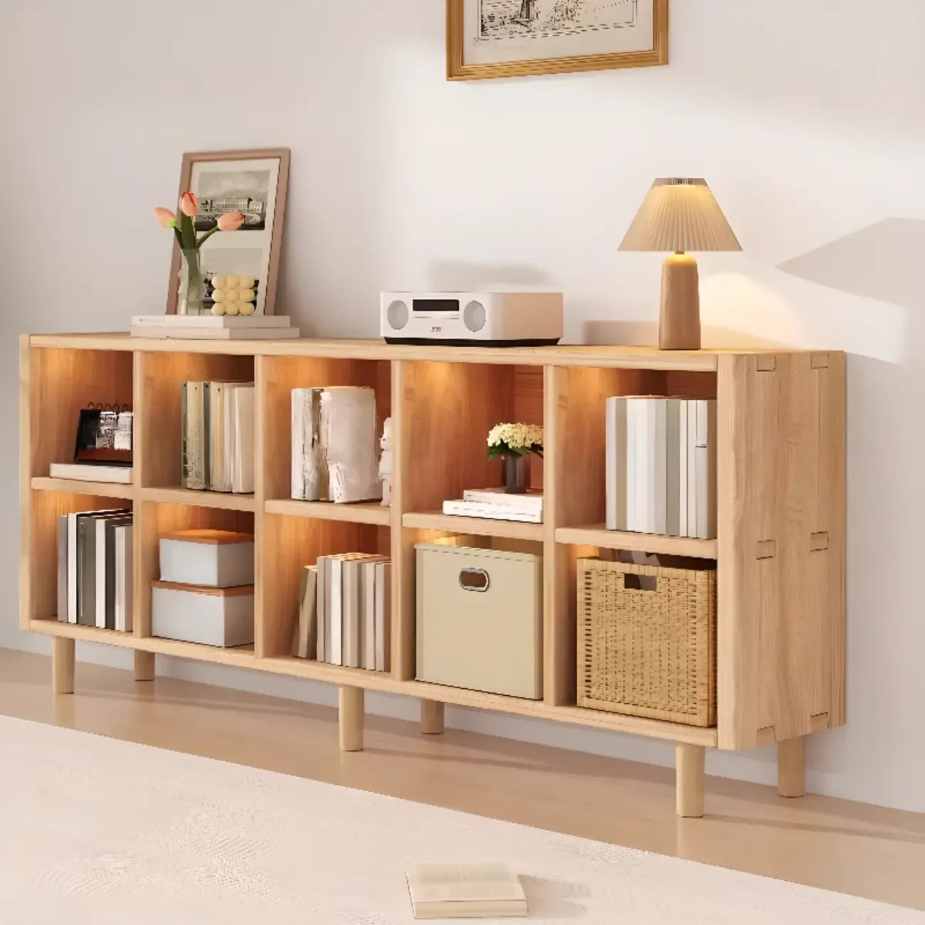 Étagère horizontale en bois naturel à 6 cubes