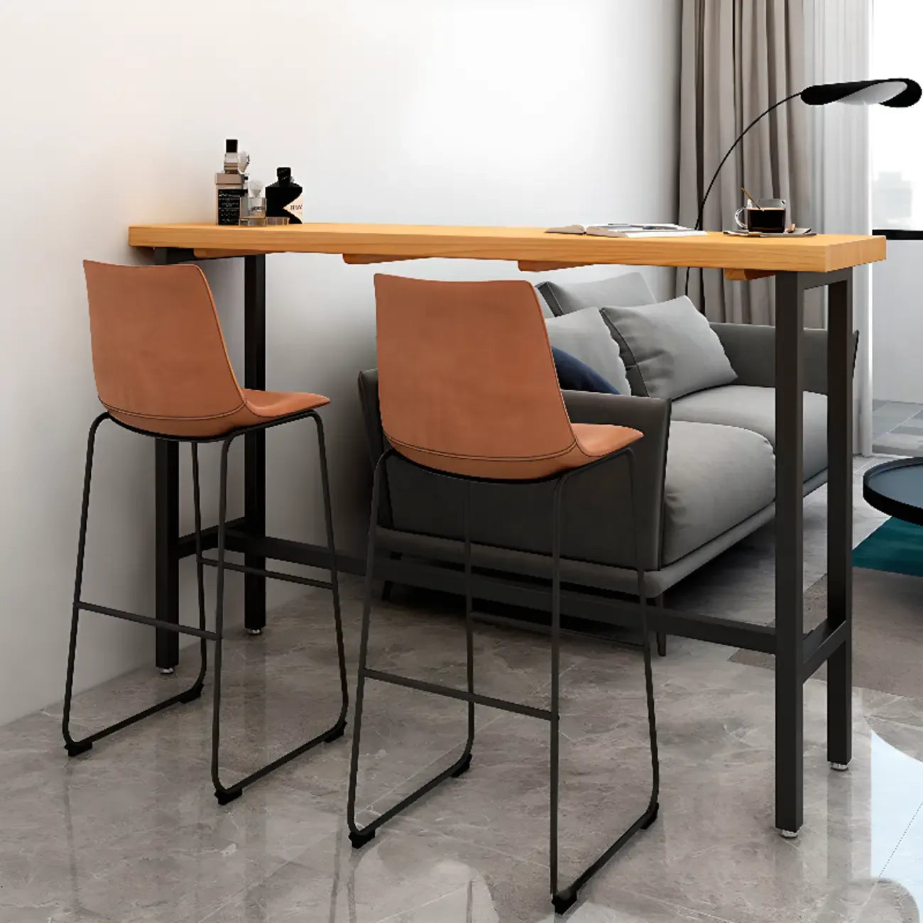 Tables de bar à tréteaux en bois et fer naturel de style campagnard français