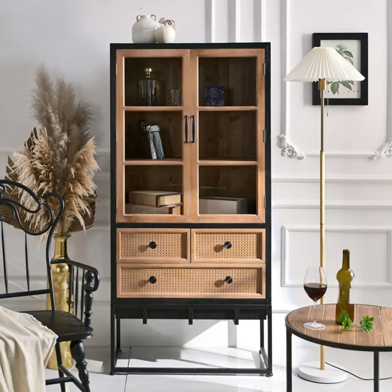 Bibliothèque rustique en bois multicolore avec tiroirs