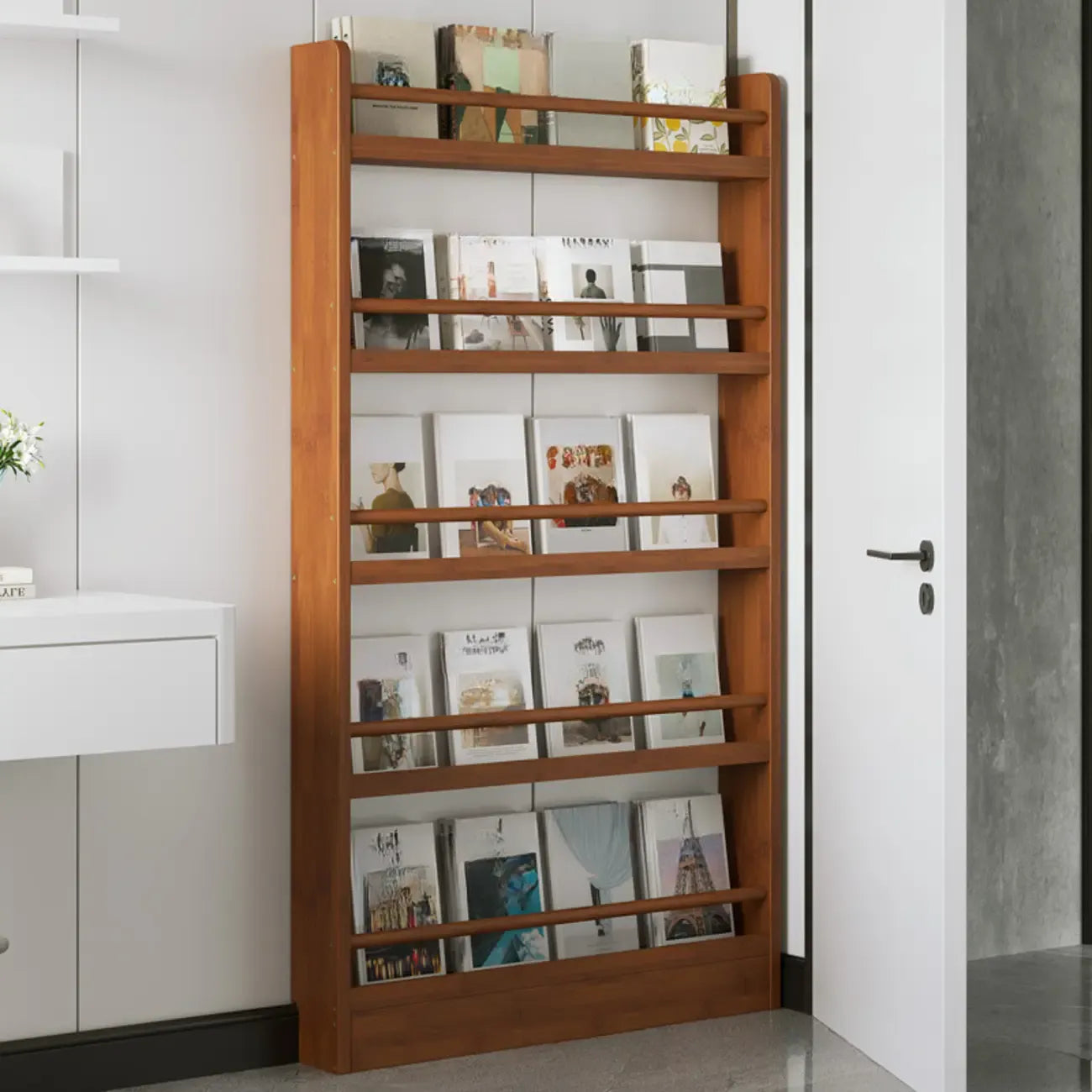 Bibliothèque rustique en chêne brun, étagères rectangulaires ouvertes