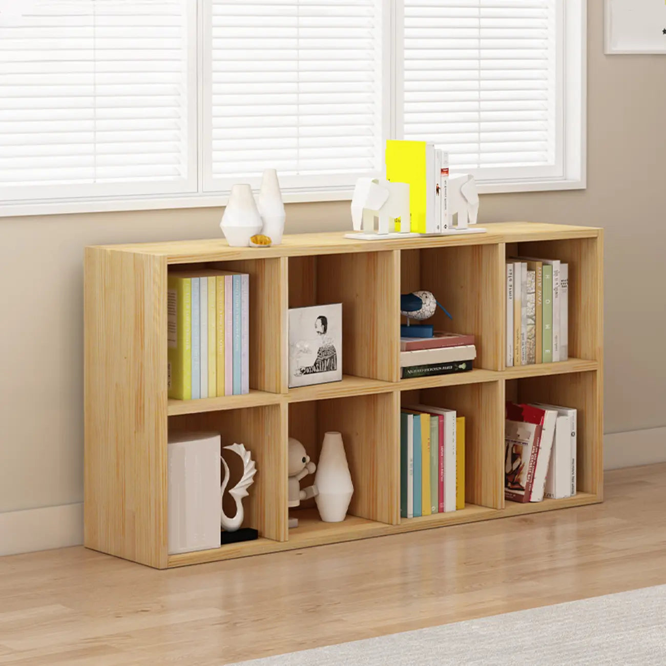 Bibliothèque basse minimaliste en bois blanc/finition naturelle