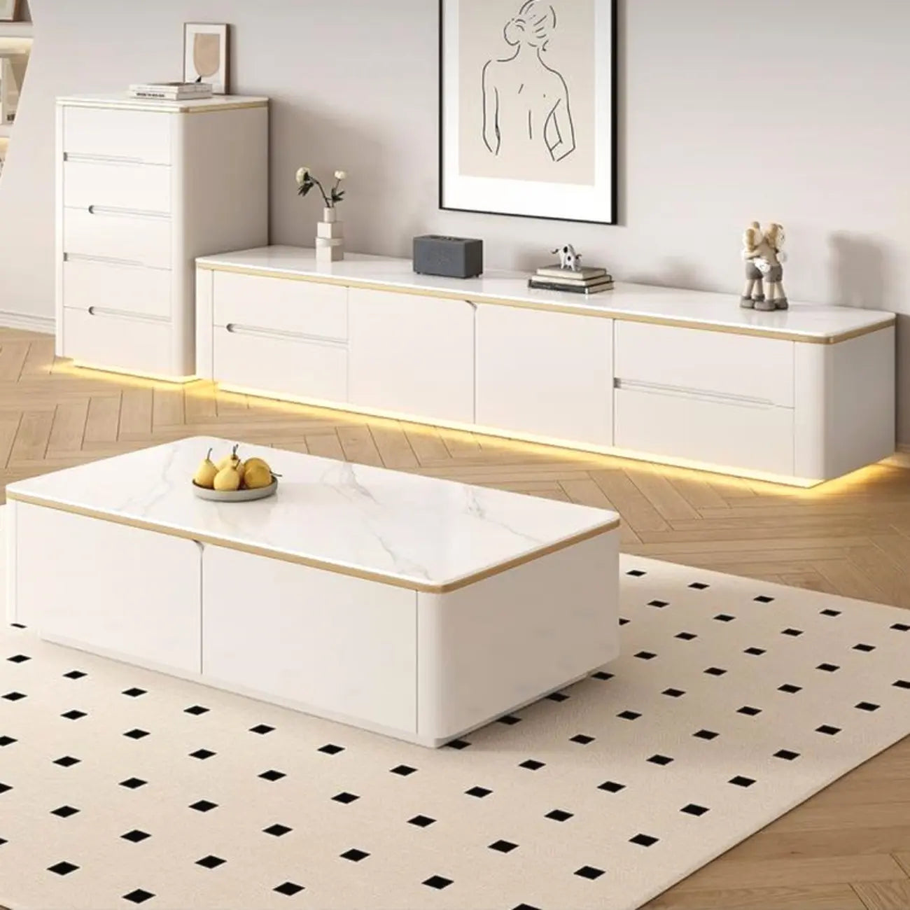 Meuble TV long et moderne en pierre blanche avec tiroirs