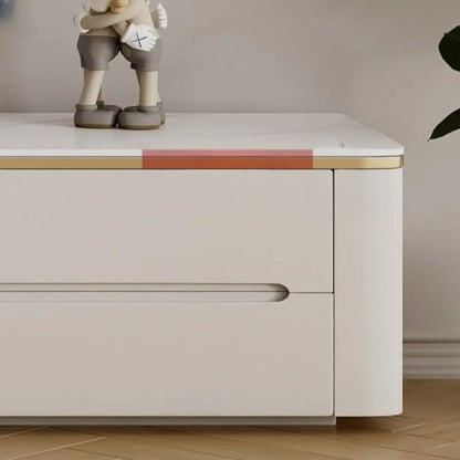 Meuble TV long et moderne en pierre blanche avec tiroirs