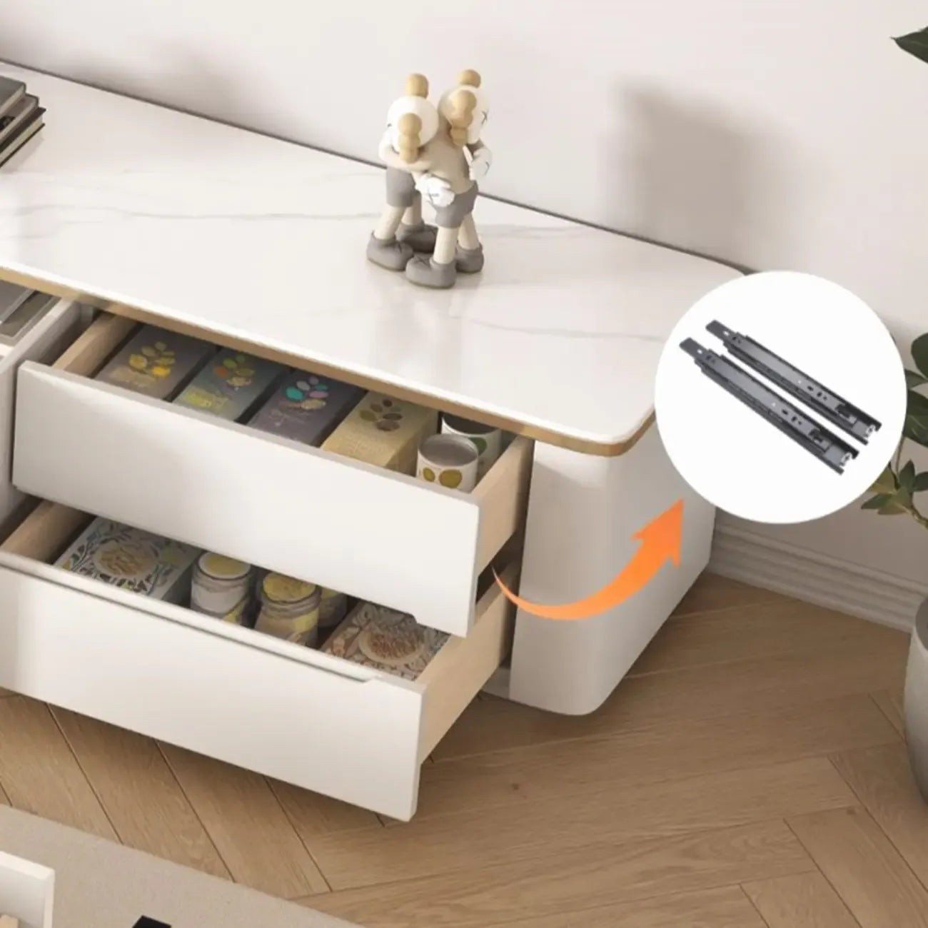 Meuble TV long et moderne en pierre blanche avec tiroirs