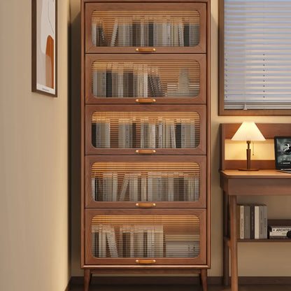 Bibliothèque à cinq niveaux avec portes vitrées et armoire, en bois massif couleur noyer brun