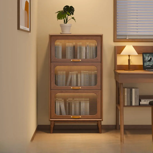 Bibliothèque à cinq niveaux avec portes vitrées et armoire, en bois massif couleur noyer brun