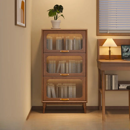 Bibliothèque à cinq niveaux avec portes vitrées et armoire, en bois massif couleur noyer brun