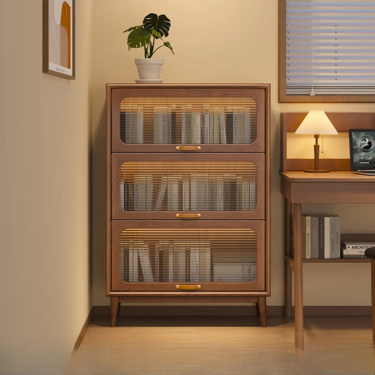 Bibliothèque à cinq niveaux avec portes vitrées et armoire, en bois massif couleur noyer brun
