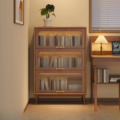 Bibliothèque à cinq niveaux avec portes vitrées et armoire, en bois massif couleur noyer brun