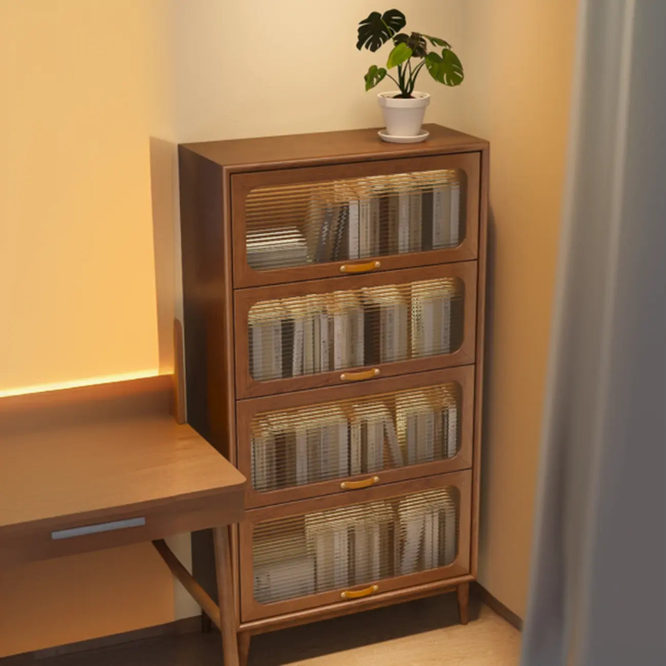 Bibliothèque à cinq niveaux avec portes vitrées et armoire, en bois massif couleur noyer brun