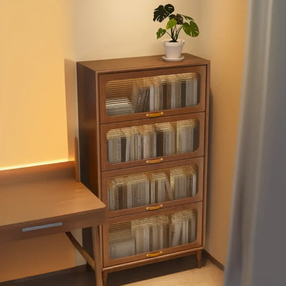 Bibliothèque à cinq niveaux avec portes vitrées et armoire, en bois massif couleur noyer brun