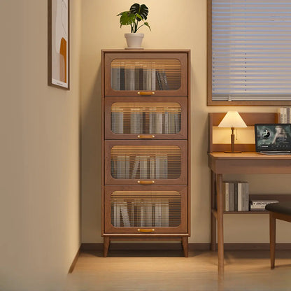 Bibliothèque à cinq niveaux avec portes vitrées et armoire, en bois massif couleur noyer brun