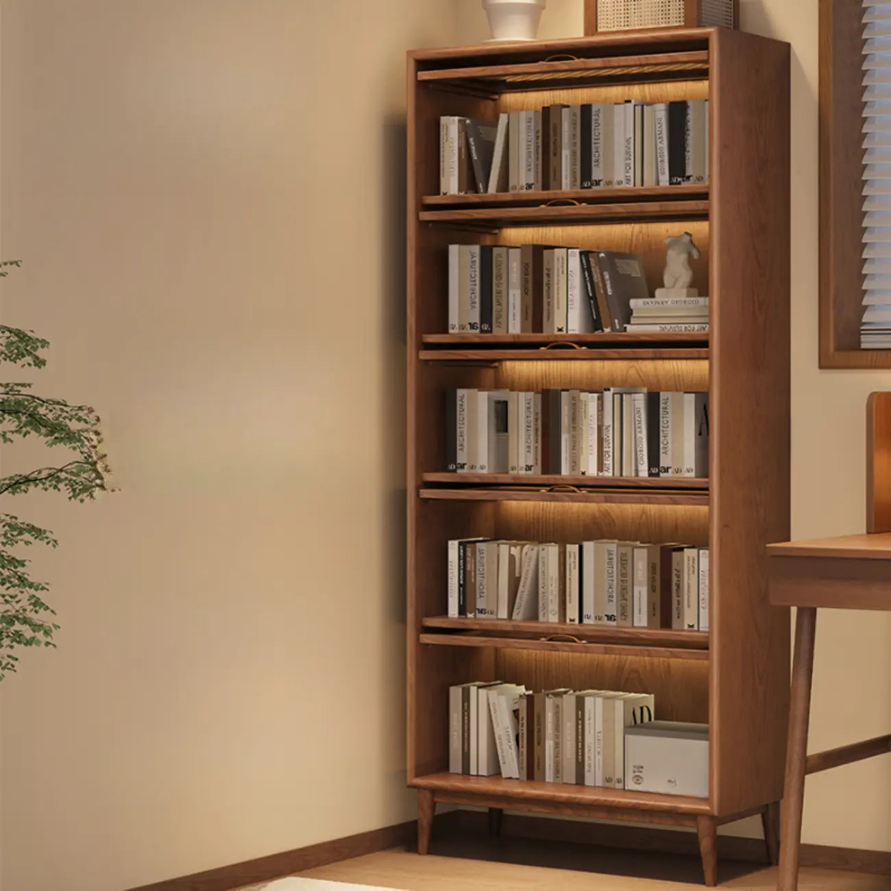 Bibliothèque à cinq niveaux avec portes vitrées et armoire, en bois massif couleur noyer brun