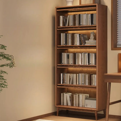 Bibliothèque à cinq niveaux avec portes vitrées et armoire, en bois massif couleur noyer brun