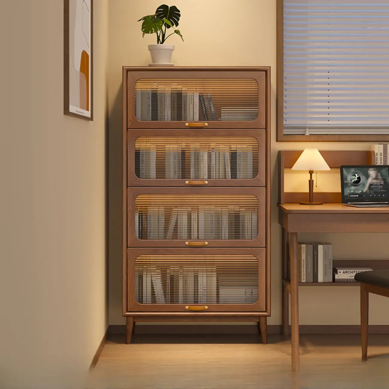 Bibliothèque à cinq niveaux avec portes vitrées et armoire, en bois massif couleur noyer brun