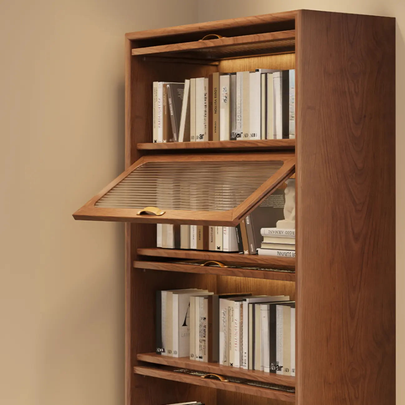 Bibliothèque à cinq niveaux avec portes vitrées et armoire, en bois massif couleur noyer brun