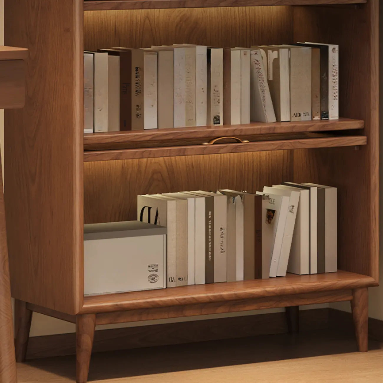 Bibliothèque à cinq niveaux avec portes vitrées et armoire, en bois massif couleur noyer brun