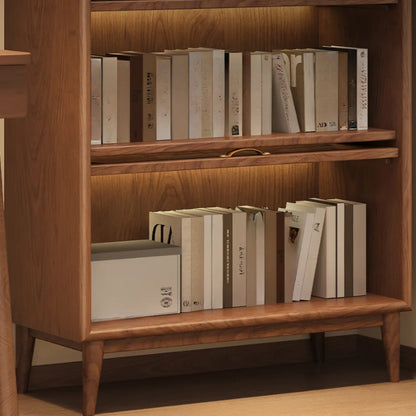 Bibliothèque à cinq niveaux avec portes vitrées et armoire, en bois massif couleur noyer brun