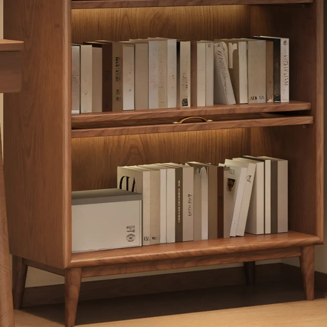 Bibliothèque à cinq niveaux avec portes vitrées et armoire, en bois massif couleur noyer brun