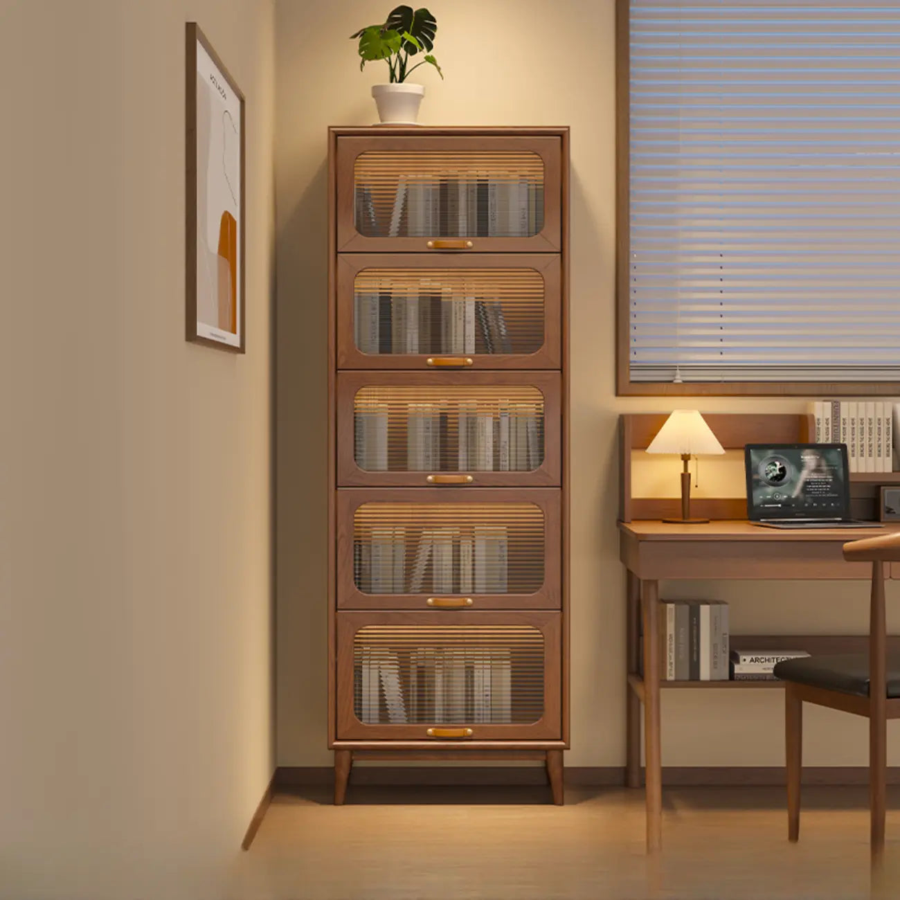 Bibliothèque à cinq niveaux avec portes vitrées et armoire, en bois massif couleur noyer brun