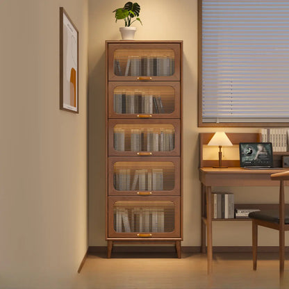 Bibliothèque à cinq niveaux avec portes vitrées et armoire, en bois massif couleur noyer brun