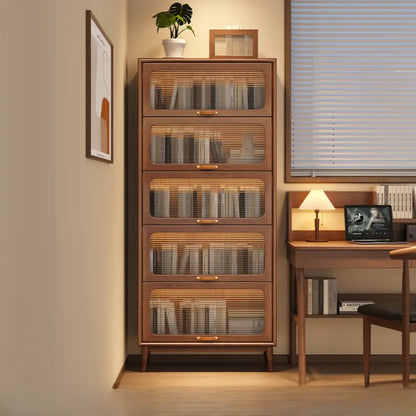Bibliothèque à cinq niveaux avec portes vitrées et armoire, en bois massif couleur noyer brun