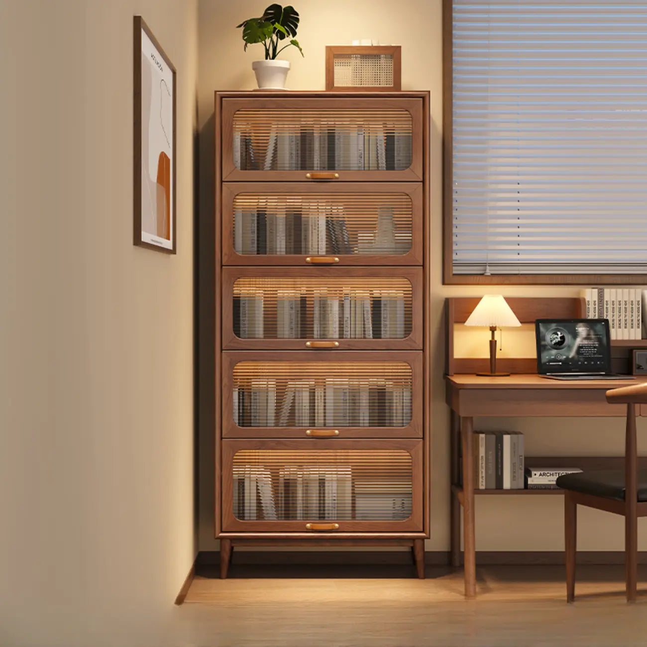 Bibliothèque à cinq niveaux avec portes vitrées et armoire, en bois massif couleur noyer brun