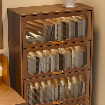 Bibliothèque à cinq niveaux avec portes vitrées et armoire, en bois massif couleur noyer brun