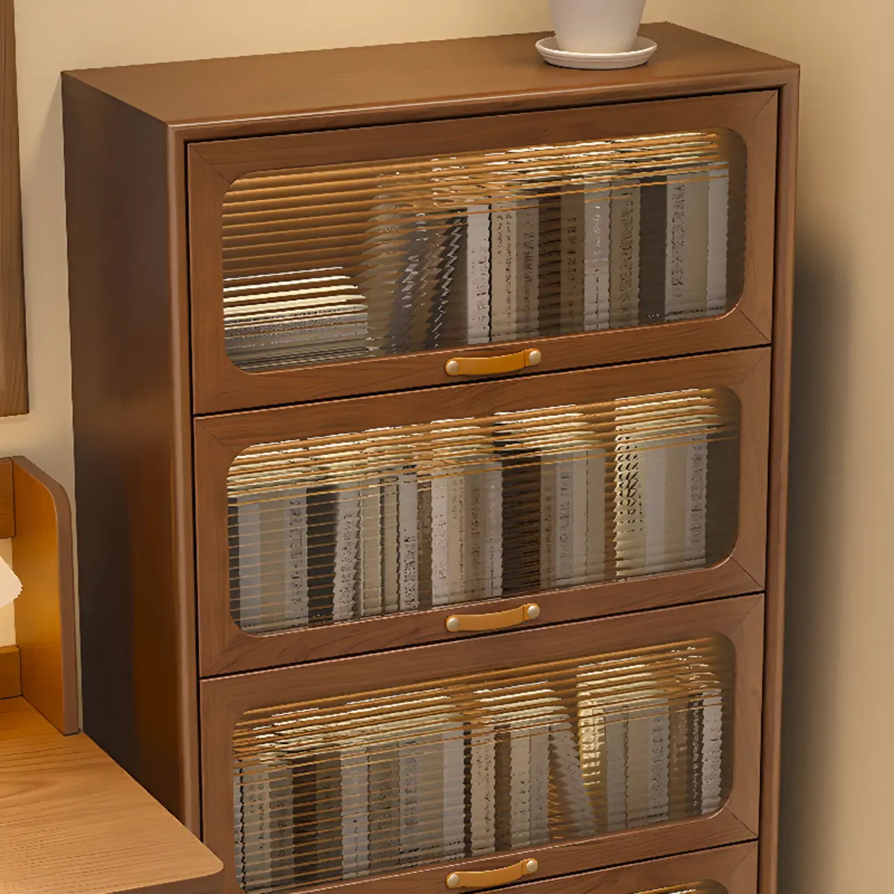 Bibliothèque à cinq niveaux avec portes vitrées et armoire, en bois massif couleur noyer brun