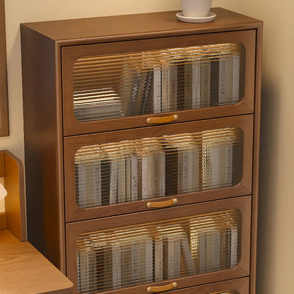 Bibliothèque à cinq niveaux avec portes vitrées et armoire, en bois massif couleur noyer brun