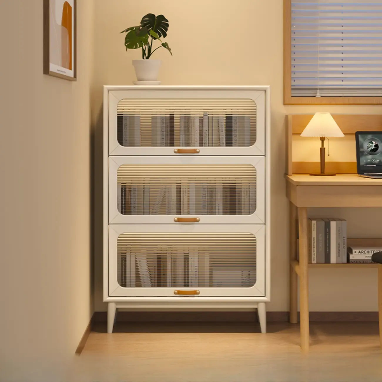 Bibliothèque à cinq niveaux avec portes vitrées et armoire, en bois massif couleur noyer brun