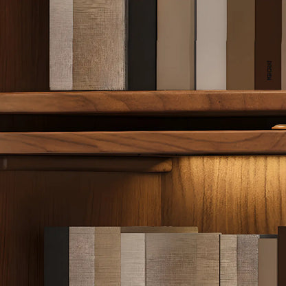 Bibliothèque à cinq niveaux avec portes vitrées et armoire, en bois massif couleur noyer brun