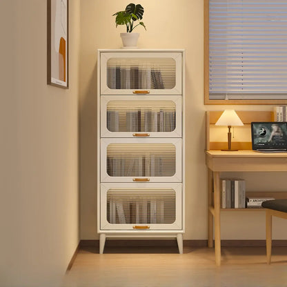 Bibliothèque à cinq niveaux avec portes vitrées et armoire, en bois massif couleur noyer brun