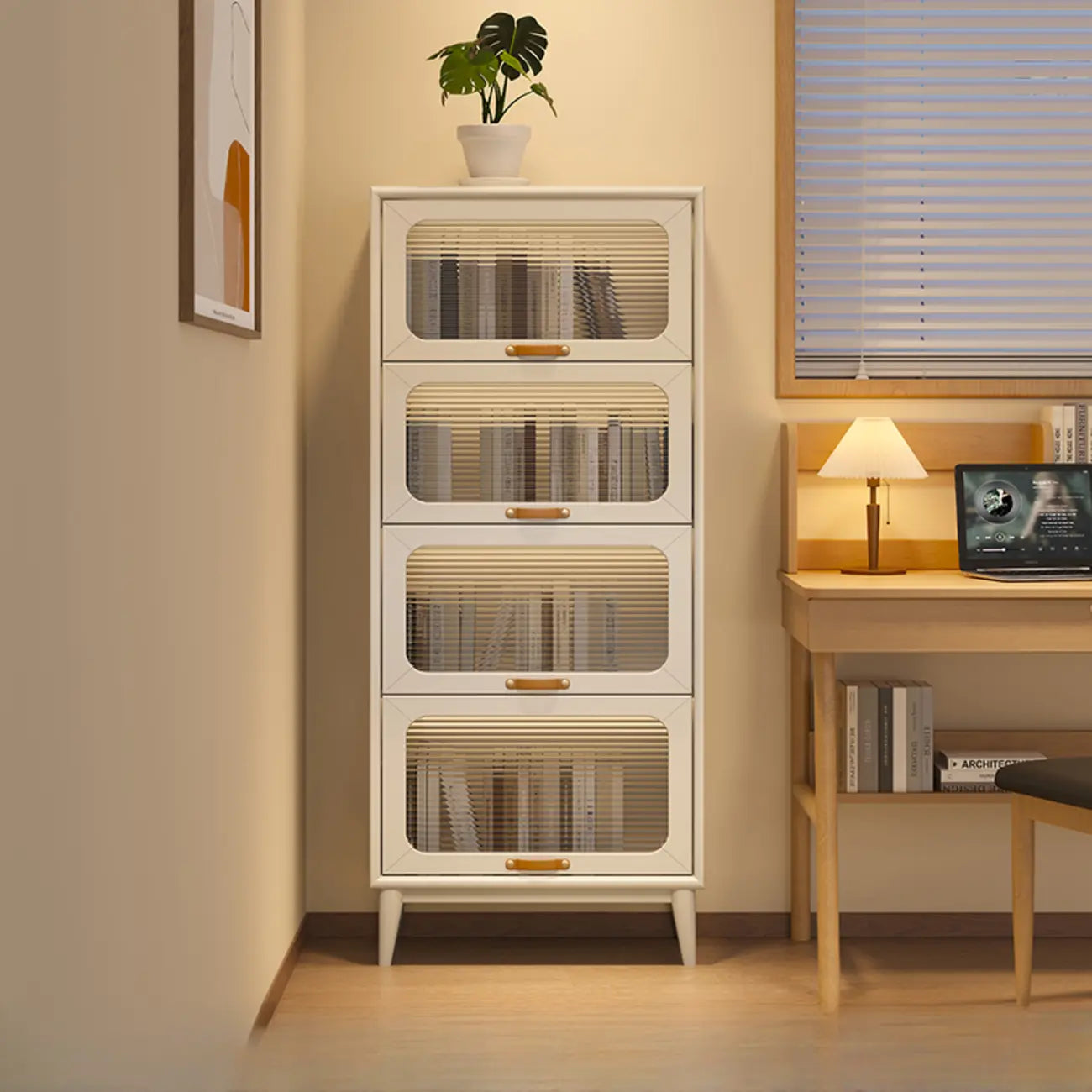 Bibliothèque à cinq niveaux avec portes vitrées et armoire, en bois massif couleur noyer brun