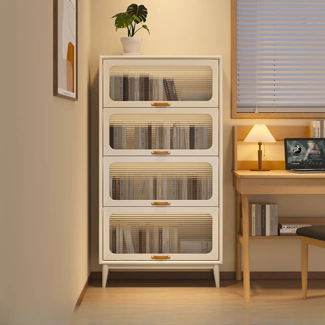 Bibliothèque à cinq niveaux avec portes vitrées et armoire, en bois massif couleur noyer brun