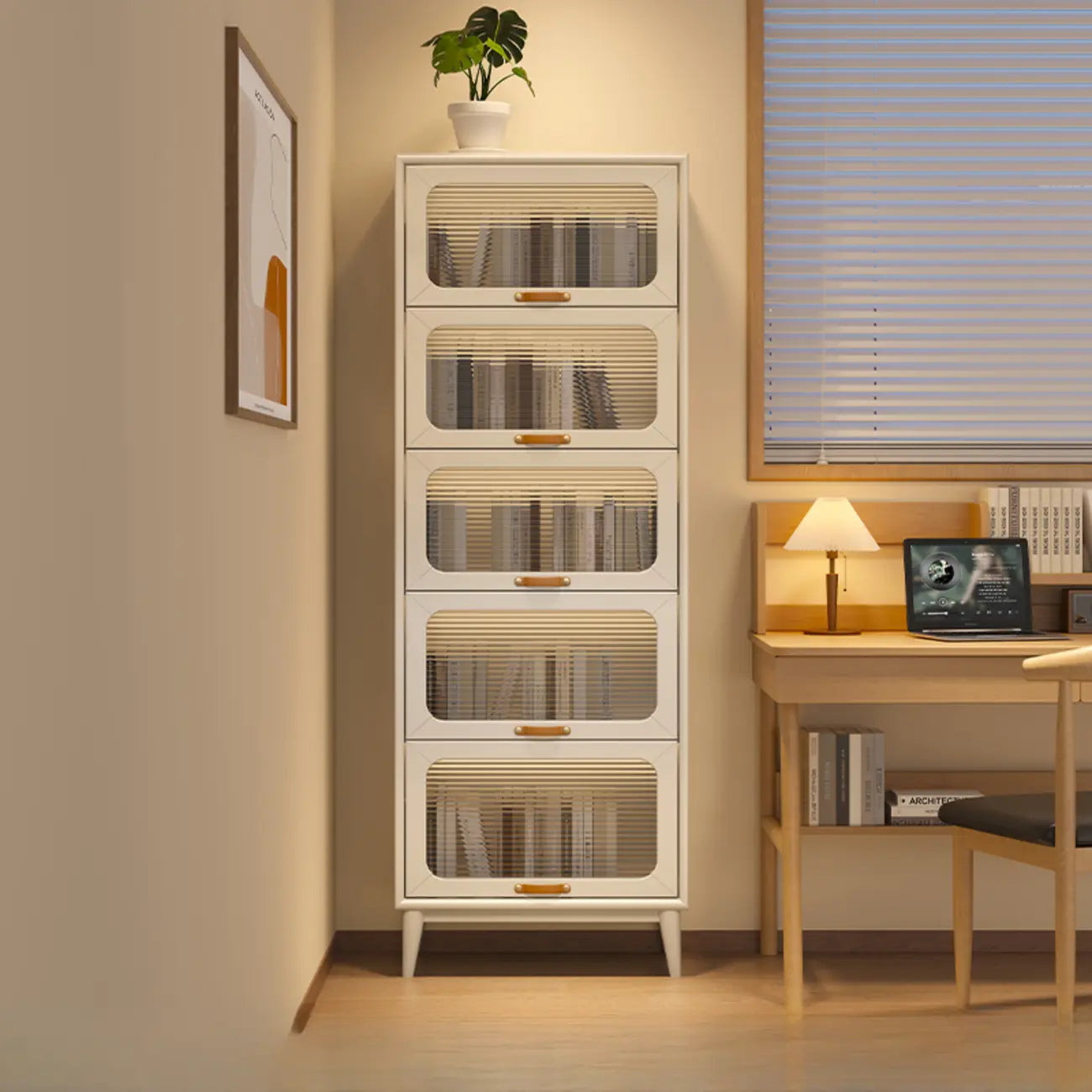Bibliothèque à cinq niveaux avec portes vitrées et armoire, en bois massif couleur noyer brun