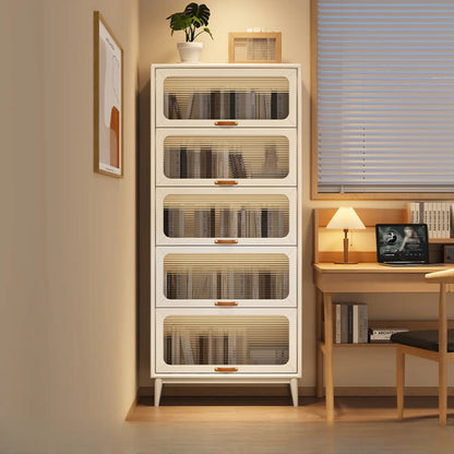 Bibliothèque à cinq niveaux avec portes vitrées et armoire, en bois massif couleur noyer brun