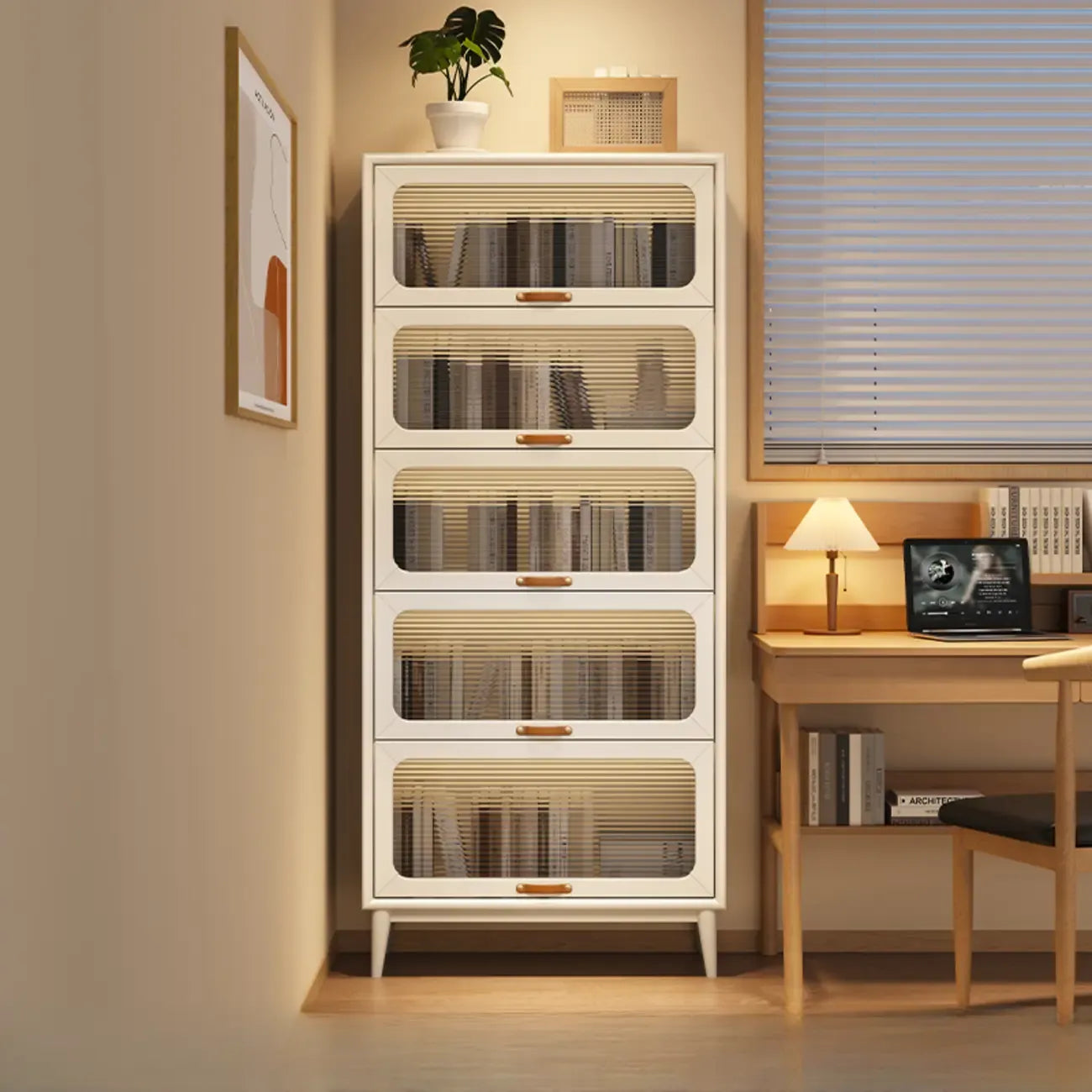 Bibliothèque à cinq niveaux avec portes vitrées et armoire, en bois massif couleur noyer brun
