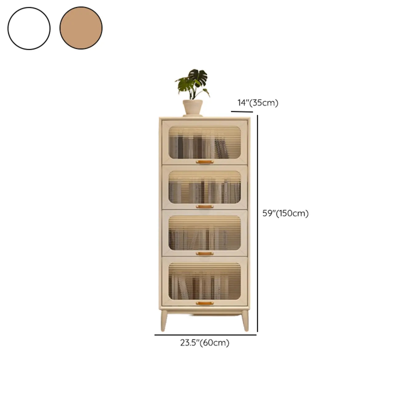 Bibliothèque à cinq niveaux avec portes vitrées et armoire, en bois massif couleur noyer brun