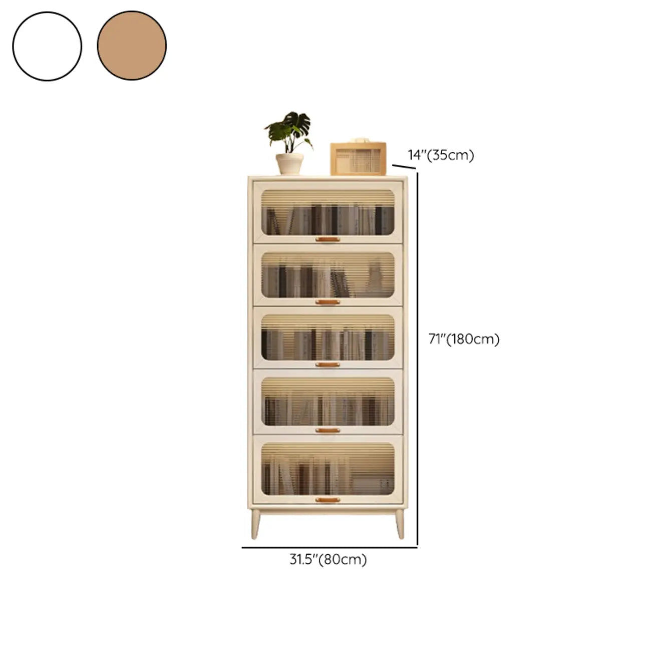 Bibliothèque à cinq niveaux avec portes vitrées et armoire, en bois massif couleur noyer brun